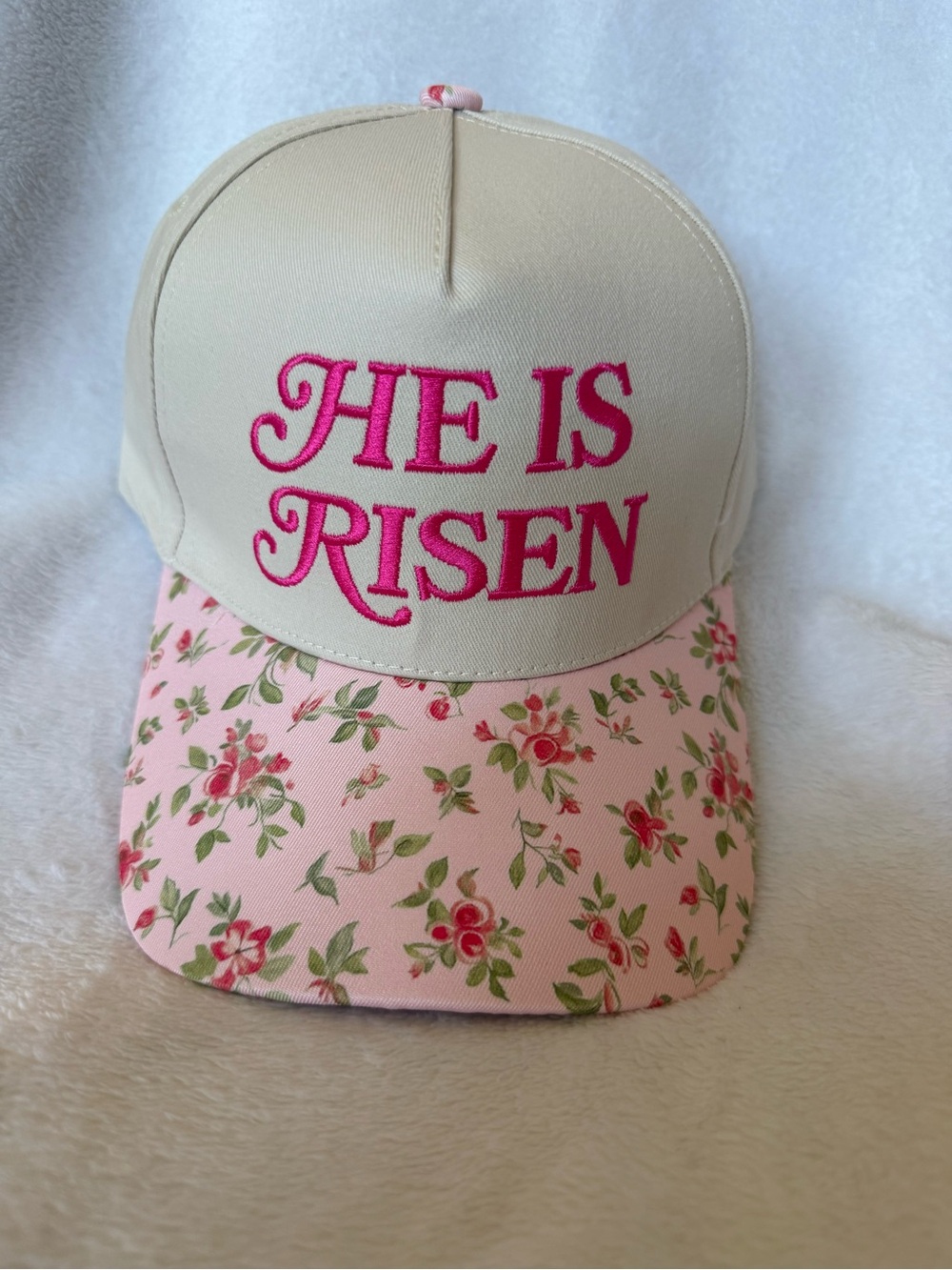 Embroidered "HE IS RISEN" Floral Pink & Cream Baseball Cap